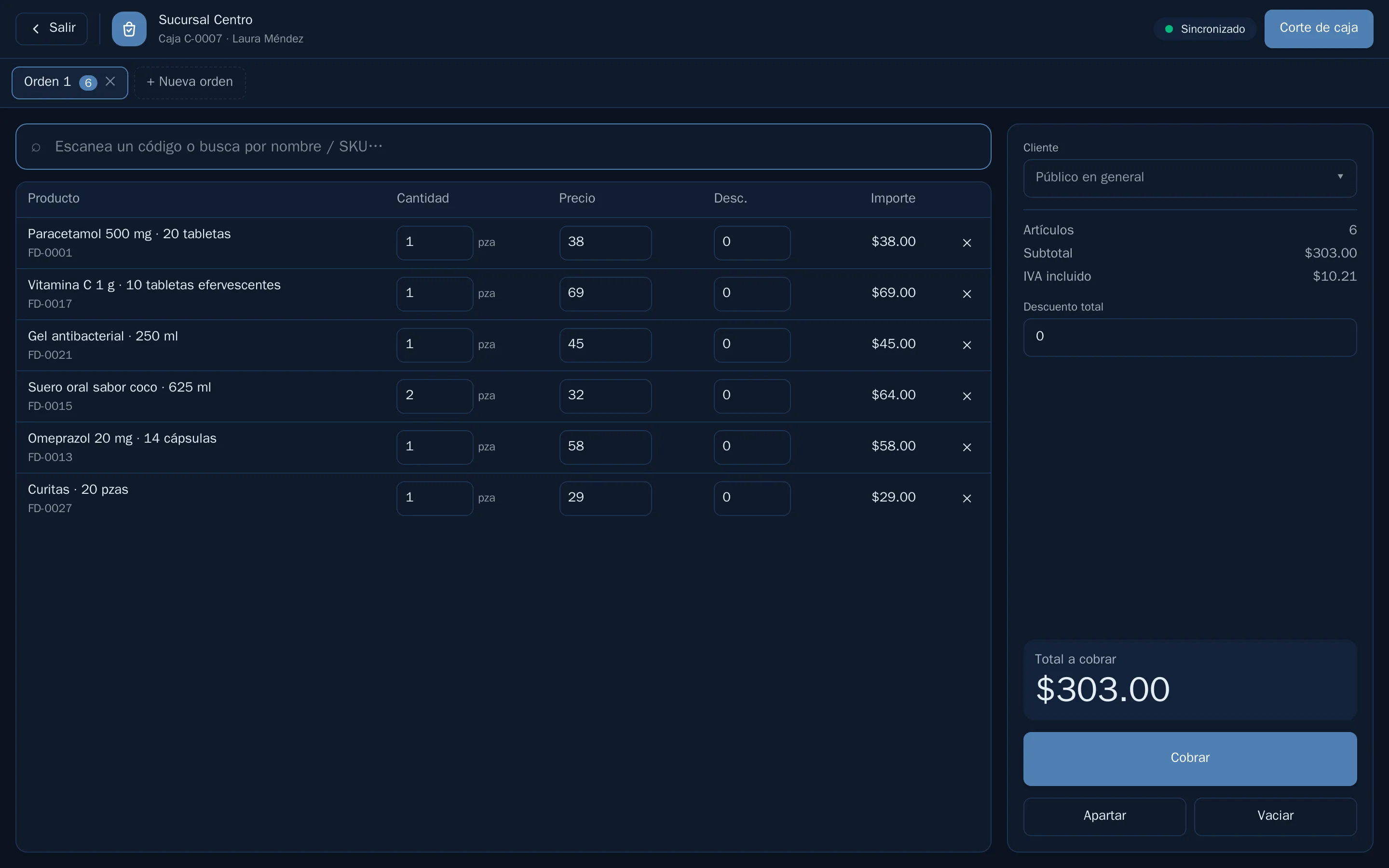 La caja en tema oscuro: un ticket con seis productos, el IVA incluido y el total a cobrar.